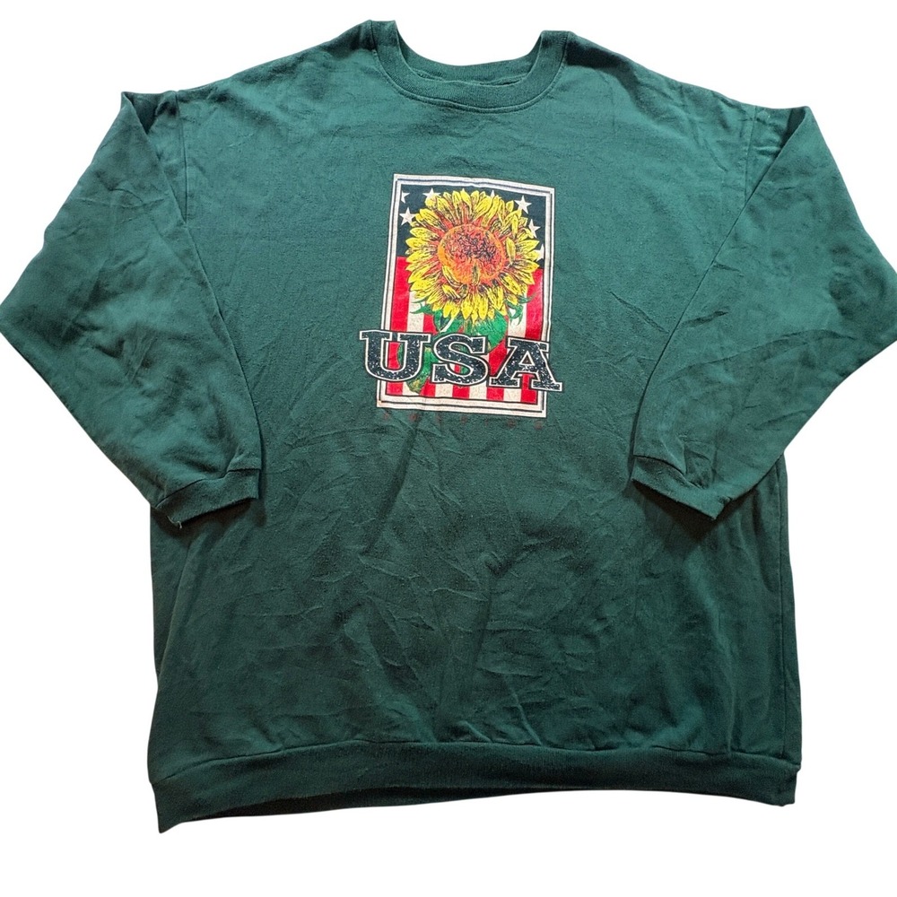 Trends USA Sunflower Graphic Sweatshirt Mens XL Green Vintage‎ Fleece Pullover